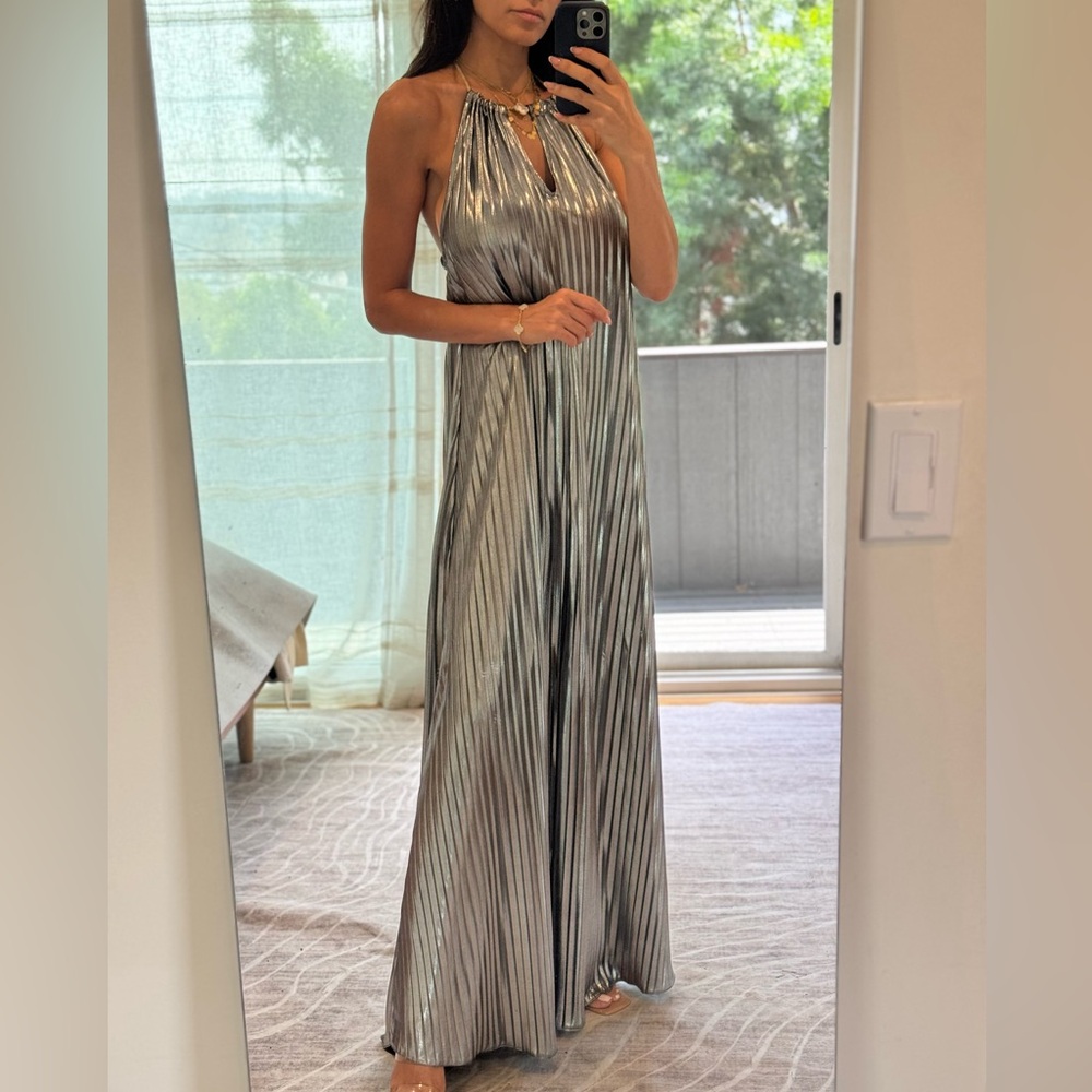 Metallic Silver Halter Maxi Dress